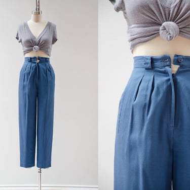 high waisted pants | 80s 90s vintage light blue linen style dark academia pleated trousers 