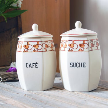 Vintage French canister set / vintage coffee & sugar ceramic canister / Art Deco canister / cottage decor / brocante / vintage canister set 