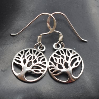 Dainty 80's tree of life 925 silver dangles, detailed little sterling Yggdrasil mystic hippie earrings 