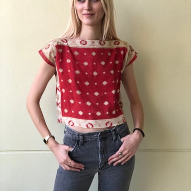 Antique Turkey Red Bandana Blouse / Bandana Printed Shirt / Boxy Western Top / 1920's Hanky / Red Boxy Blouse 