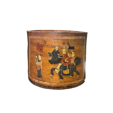Vintage Chinese Kids Play w Kirin Graphic Round Wood Box Bucket ws3680E 