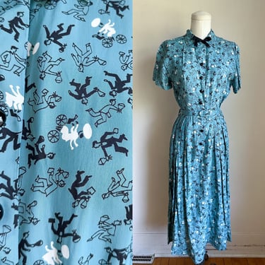 Vintage 1940s Cold Rayon Couple Novelty Print Dress / S 