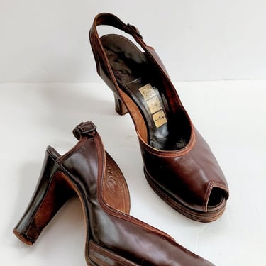 40s Brown Shoes Peep Toe High Heel Slingbacks Size 10 RARE 