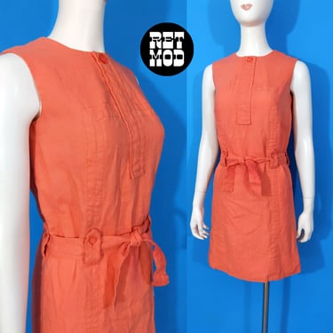 Mod Vintage 60s 70s Peach Orange Linen Cotton Sleeveless Day Dress - As is 