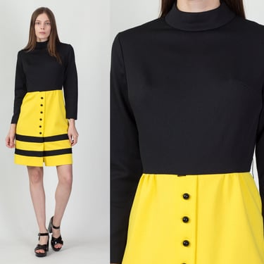 60s Black & Yellow Striped Dress - Small to Medium | Vintage Two Tone A Line Long Sleeve Mini 