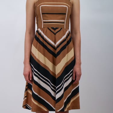 1970s Cotton Chevron Brown and White Sundress