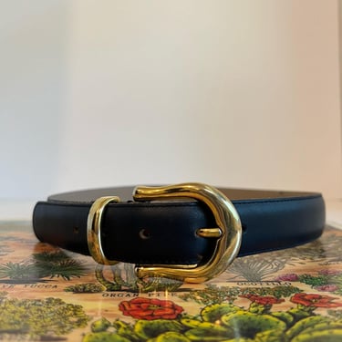 Vintage 90s Blue Genuine Leather Gold Buckle Argentina Made Belt S/M 