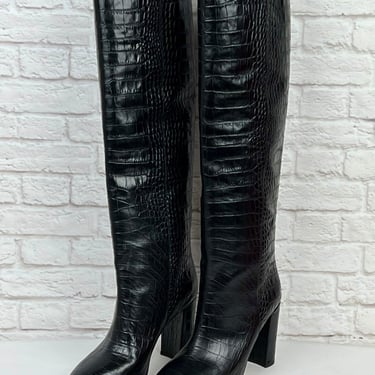 Paris Texas Anja Knee-High Croc-Embossed Leather Boots, NEW, Size 39.5, Black