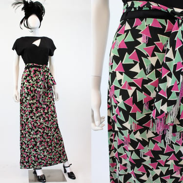 1940s asymmetrical neckline gown xs | vintage art deco print beaded dress | new in 