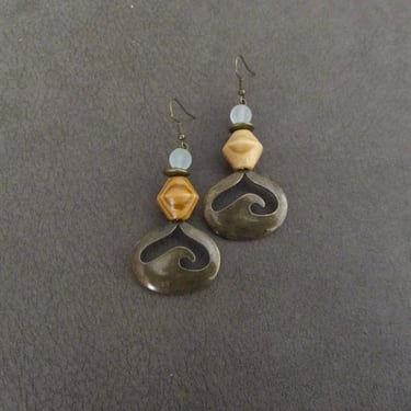 Etched bronze earrings, beach earrings, unique mid century modern earrings, bohemian earrings, statement earrings, ocean wave earrings 