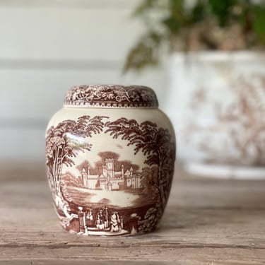 Masons Vista Ironstone Brown + White Small Ginger Jar with Lid Transferware Made in England English China Brown + White Vase Urn Chinoiserie 