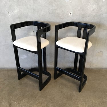 Pair of 1980's Post Modern Black Lacquer Bar Stools