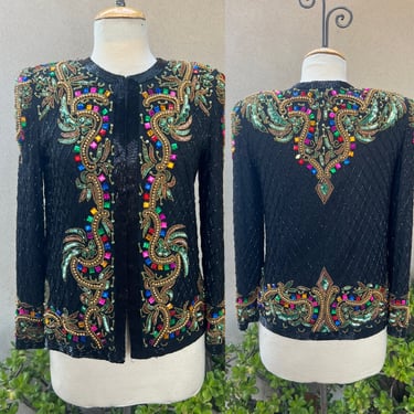 Vintage glam jacket top black silk beaded size XS Laurence Kazar 