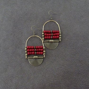 Ethnic red and bronze statement earrings 