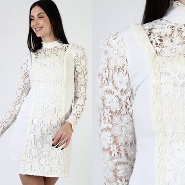 Neat Off White Mini Dress / Vintage 70s Crochet Lace Bib / Plain High Waisted Old Fashion Frock / Sheer Lace Cut Out Sleeves 