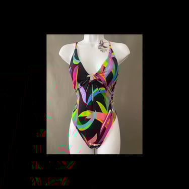 80s floral one piece with cutouts, black with brights botanical bathing suit, vtg print swimsuit 