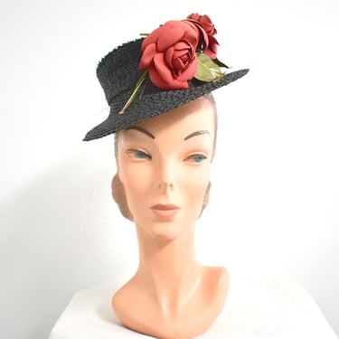 1930s/40s Black Straw Tilt Hat with Roses 