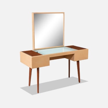 George Nelson Leather & Walnut Illuminated Vanity with Mirror & Ottoman for Herman Miller