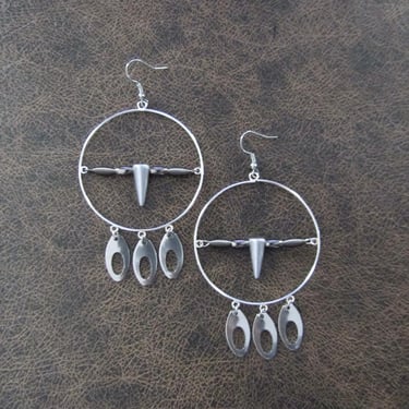 Large silver and hematite hoop earrings 