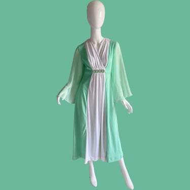 70s Estevez Kimono Maxi Dress / Vintage Art Deco Disco Maxi Gown / 1970s Pastel Psychedelic Party Dress Small 