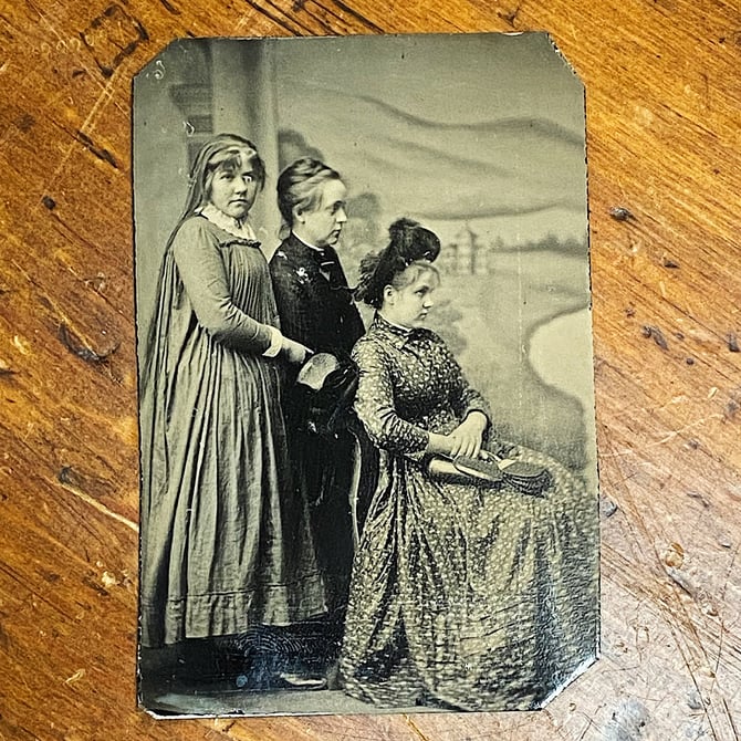 Rare Antique Tintype of Women Striking an Unusual Pose - 1880s - 19th Century Collectible Photography - Strange Antique Photographs 