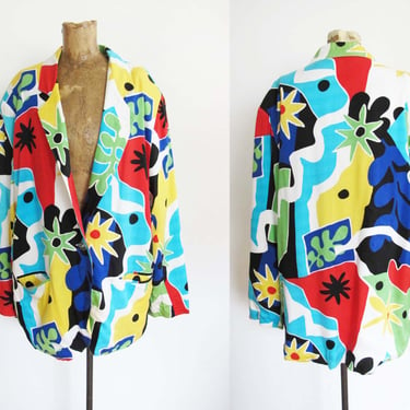 Vintage 90s Matisse Style Oversized Blazer Jacket Large - Colorful Abstract Squiggle Shapes Baggy Jacket - Artsy Colorful Sportcoat 