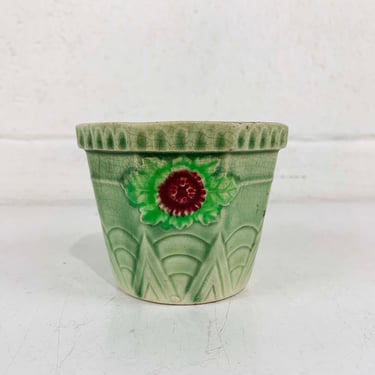 Vintage Small Planter Ceramic Green Floral Mini Flower Pot Made in Japan 50s 1950s 