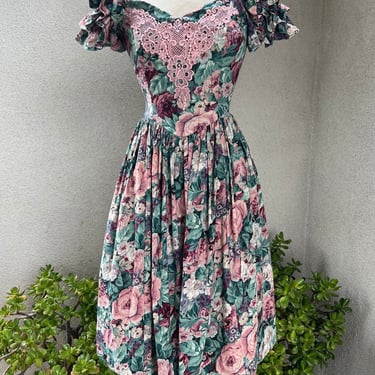Vintage Jessica McClintock Bridal pattern green pink floral dress attached petticoat Sz XS 