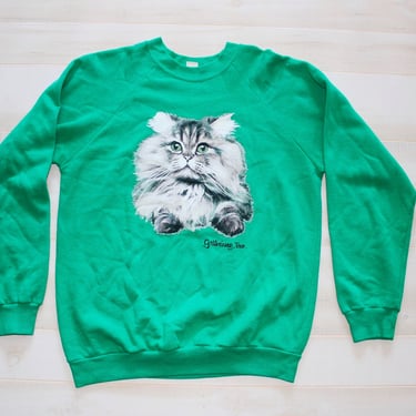 Vintage 1980s Cat Sweatshirt, Crewneck, Souvenir, Green, Graphic, Tennessee, Christmas 