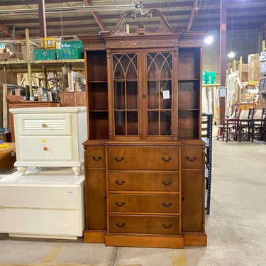 Vintage Display Cabinet with Swan Pediment and Glass Doors