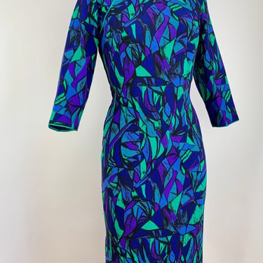 Vintage Cheongsam Dress - Vivid Colors in a Geometric Crepe - Satin Lined - Hand Sewn Details - Metal Zipper & Snap Closures - Size Medium 