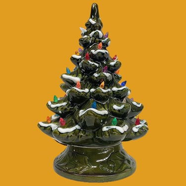 Vintage Ceramic Christmas Tree 1980s Retro Size 16" H + Lights Up + Green + Flocked Snow + Color Plastic Bulbs + WORKS + Holiday Xmas Decor 