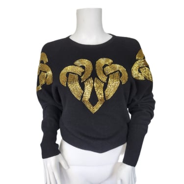 1980's Black Gold Beaded Lambswool Angora Pull Over Sweater I Sz Med I Neil Martin 