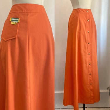 Vintage 70s Classy MAXI Skirt / Tangerine + Gold Buttons / SILK Blend + Pockets / Denise Everyware 