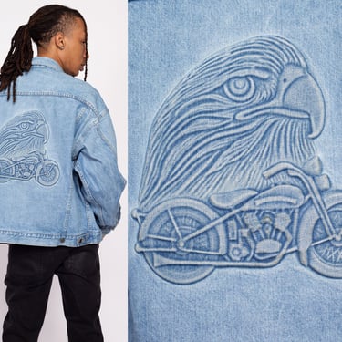 L| 90s Denim 3D Eagle Embossed Biker Jacket - Men's Large | Vintage Light Wash Oversize Motorcycle Jean Jacket 