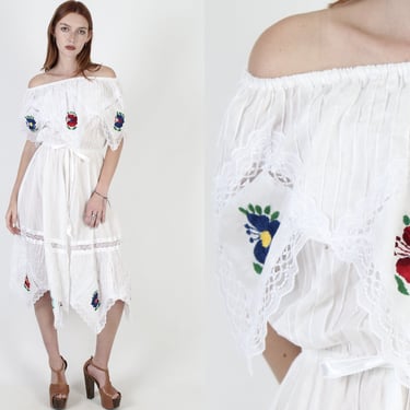 White Mexican Off The Shoulder Fiesta Dress, Bright Colorful Floral Embroidered Party Dress, Sheer Lace Trim Restaurant Style Mini 
