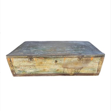 Antique Continental European Iron Mounted Distressed Painted Wood Carpenter Tool Chest Box 19th Century 