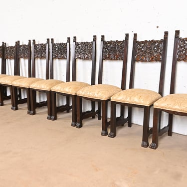 R. J. Horner Victorian Ornate Carved Oak High Back Dining Chairs, Set of Ten