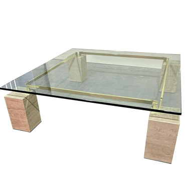 Vintage Travertine Marble Brass And Glass Coffee Table