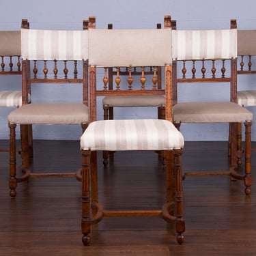 Antique French Renaissance Henry II Style Walnut Dining Chairs W/ Linen Fabric - Set of 6 