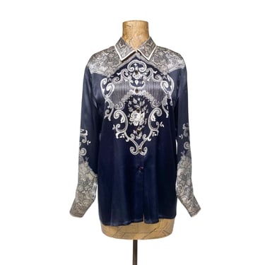 Vintage 1990s ESCADA Silk Blouse, 90s Black and Ivory Neo Classical Print Long Sleeve Shirt, 42
