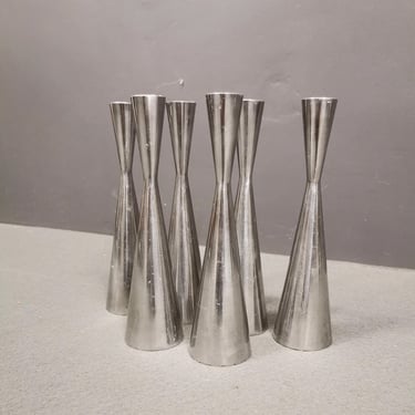 Vintage IKEA Tapered Silver Candlesticks, Set of 6, Cast Metal Alloy,Mid-Century Modern Style,Scandinavian Modernist Design by Erika Pekkari 