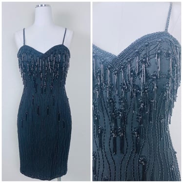 1980s Vintage Alyce Designs Black Silk Wiggle Dress / 80s / Beaded Fringe / Fringed Sweetheart Bombshell Dress / Small - Medium 
