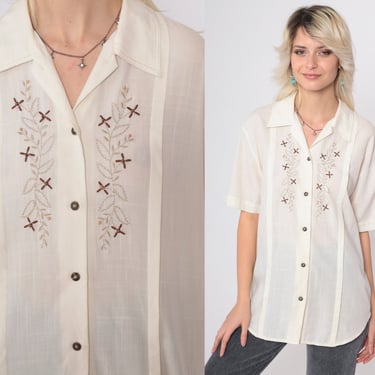 Floral Embroidered Top 80s Semi-Sheer Beaded Blouse Cream Button up Summer Shirt Short Sleeve Collared Preppy Flower Vintage 1980s Medium M 