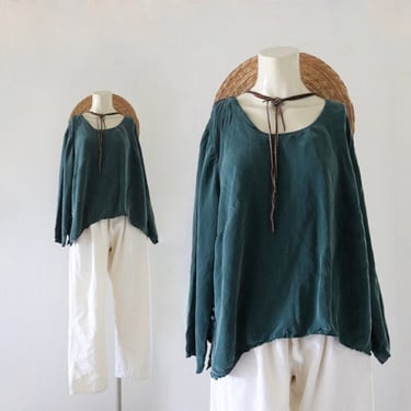 flowy forest top - xl - womens vintage 90s y2k dark green soft billowy solid long sleeve shirt blouse extra large cropped 