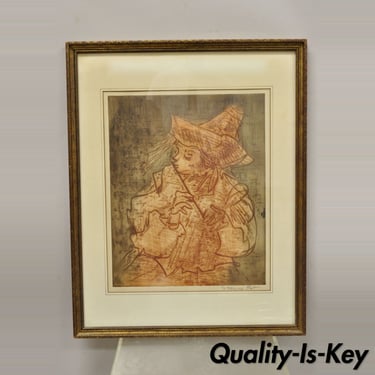 Etienne Ret Signed Color Etching Fine Art Print Musician with Piccolo Flute