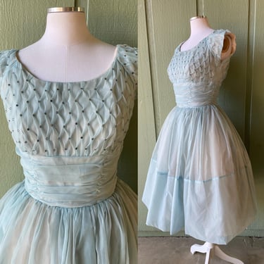 1950s Baby Blue Bubble Skirt Prom Dress w Gathering, Boat Neck & Rhinestones | Vintage, Classic, Grease, Tea Party, Cocktail, Princess 