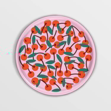 Cherries Pink Mini Round 12" Birch Serving Tray