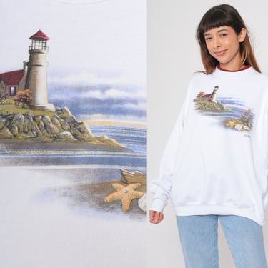 90s Lighthouse Sweatshirt Glittery Beach Sweater Retro Sparkly Seashell Graphic Double Collar Crewneck White Vintage 1990s Extra Large xl 
