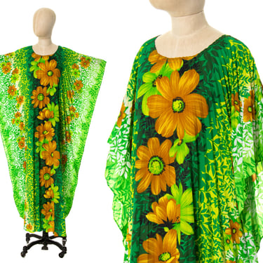 Vintage 1970s Kaftan | 70s Hawaiian Floral Ombré Green Accordion Pleated Maxi Tropical Beach Caftan Dress (x-small to x-large) 